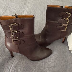 Nine West Dark Brown Leather Ankle Booties with Side Buckles